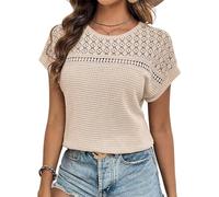 Chicrise Women Summer Tops Crew Neck Crochet Blouse Short Sleeve Casual Tunic Breathable Loose Fit Beige 2X Large 24-26 2XL