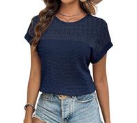 Chicrise Women Summer Tops Crew Neck Crochet Blouse Short Sleeve Casual Tunic Breathable Loose Fit Blue X Large 20-22 XL
