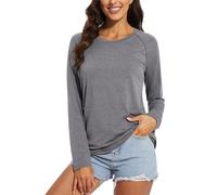 Chicrise Women Tops Long Sleeve Raglan T-Shirts Round Neck Basic Loose Lightweight Jumpers Comfortable Grey Means 12-14