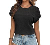 Chicrise Women Tops Loose Fit Crochet Blouse Batwing Sleeve Soft Tunic Breathable Solid Black 2X Large 24-26 2XL