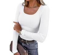 Chicrise Women's Long Sleeve Tops U Neck Tshirt Basic Casual Slim Fit Knit Casual Lightweight Jumpers White Means 12-14