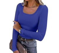 Chicrise Women's Long Sleeve Tops U Neck Tshirt Basic Casual Slim Fit Knit Casual Lightweight Jumpers Blue Means 12-14
