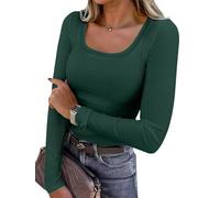 Chicrise Women's Long Sleeve Tops U Neck Tshirt Basic Casual Slim Fit Knit Casual Lightweight Jumpers DarkGreen Means 12-14