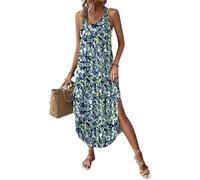 Chicrise Womens Summer Dresses V Neck Sleeveless Maxi Dresses Flowy Spaghetti Strap Dress Loose Blue Large 24-26