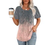 Chicrise Women's Summer Short Sleeve Crew Neck Tops Pleated Casual Tunic Elegant 2025, Orange Grey Graffiti, L