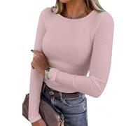 Chicrise Womens Sweatshirt Long Sleeve Round Neck Tops Ribbed Skim Slim Fit Basic Plain T-Shirts Comfortable Apricot Means 12-14