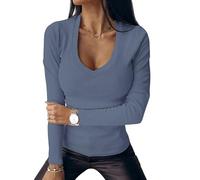 Chicrise Womens Sweatshirt Long Sleeve Tshirts V Neck Slim Fit Basic Casual Knitted Pullover Comfortable Greyblue Means 12-14