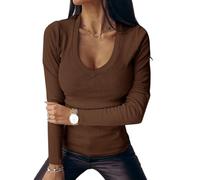 Chicrise Womens Sweatshirt Long Sleeve Tshirts V Neck Slim Fit Basic Casual Knitted Pullover Comfortable Brown Means 12-14