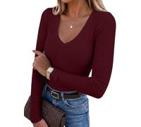 Chicrise Womens Sweatshirt Long Sleeve Tshirts V Neck Slim Fit Basic Casual Knitted Pullover Comfortable WineRed Means 12-14