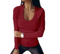 Chicrise Womens Sweatshirt Long Sleeve Tshirts V Neck Slim Fit Basic Casual Knitted Pullover Comfortable Red Means 12-14