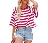 Chicrise Women's T-Shirts Crew Neck Ladies Tops Short Sleeve Stripes Elegant Casual Comfort Summer Blouses Pink White Means 38-40