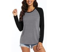 Chicrise Women's T-Shirts Long Sleeve Colorblock Round Neck Basic Pullover Loose Lightweight Casual Sweatshirts Black Grey Means 12-14