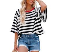Chicrise Women's T-Shirts Short Sleeve Striped Round Neck Blouses Half Sleeve Casual Y2K Oversize Basic Tops Black White Means 38-40