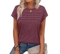 Chicrise Women's T-Shirts Sleeveless Pleated Round Neck Blouses Cap Sleeve Plain Vest Tops Simple Wine Red Large 16-18