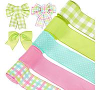 ChicRosa Spring Wired Edge Ribbon 30 Yards Pastel Pink Green Blue Craft Fabric Ribbon Decorative Plaids Dots Patterned Ribbon for Spring Easter Wreath Bow Making DIY Crafts Wrapping Supplies, 5 Roll