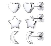 ChicSilver 925 Sterling Silver Heart/Star/Moon Stud Earrings for Women 3 Pairs Tiny Studs Earring Set