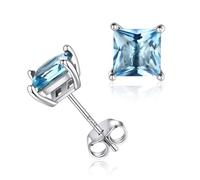 ChicSilver Simulated Aquamarine March Birthstone Earrings for Women Princess Cut Square CZ Earring Studs 925 Sterling Silver Fashion Jewellery