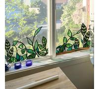 ChicSkin Original Hand Drawn Green Window Stickers 30x150cm, Stain Glass Window Film No Glue, Static Cling Glass Covering Decal, Green Leaves