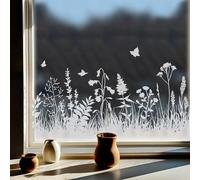 ChicSkin Pure White Frosted Privacy Stained Glass Window Border Film, Transparent Floral Static Cling for Glass Window, Window Stickers Wild Flowers Herbs with Butterflies Glass Decals 59.06"X15.35"