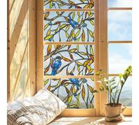 ChicSkin Stained Glass Window Film Privacy, 55x300cm Double Sided Frosted Window Film, Non-Adhesive Glass Windows Decor, Blue Bird on Branch