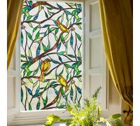 ChicSkin Stained Glass Window Film Privacy, 55x300cm Double Sided Frosted Window Film, Non-Adhesive Glass Windows Decor for Glass Door Yellow Bird on Branch