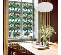 ChicSkin Stained Glass Window Film Self Adhesive 43x300cm, Decorative Window Film Privacy Vintage Art Deco, Hand Drawn Glass Decoration Turquoise Pine Shell