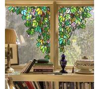 ChicSkin Stained Glass Window Stickers Original Hand Drawn, Static Cling Botanical Stickers No Glue, Stained Glass Window Film for Home Office, Corner Green Vine Bird 90x65cm
