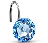 CHICTIE Blue Rhinestones Shower Curtain Hooks Rings,Set of 12 Bling Crystal Decorative Shower Curtain Hooks,Stainless Steel Rust-Proof Round Diamond Shower Rings for Bathroom Curtains Rods