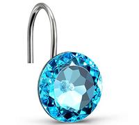 CHICTIE Teal Shower Curtain Hooks Rings Diamond,Set of 12 Lake Green Crystal Decorative Shower Curtain Hooks, Bling Stainless Steel Rust-Proof Round Rhinestones Shower Rings Hangers for Bathroom