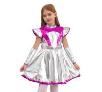 CHICTRY Alien Girl Outfit Silver with Dress Halloween Child Fancy Dress Alien Dress Up with Arm Sleeves Hot Pink 5-6 Years
