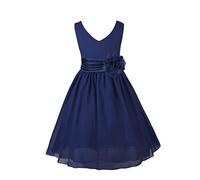 CHICTRY Big Kids Girl's V Neck Bow Sash Wedding Bridesmaid Dance Prom Ball Gown Flower Dress Navy Blue 3-4 Years