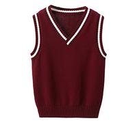 CHICTRY Boys Girls V Neck Knitted Sweater Vest School Uniform Knitwear Sleeveless Pullover Crochet Vest Jumper Top Waistcoat Burgundy 5-6 Years