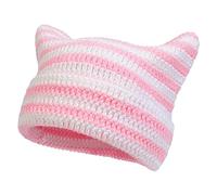 CHICTRY Cute Cat Ear Crochet Hat Striped Beanie Y2K Gothic Knitted Hat Beanie Grunge Accessory for Outdoor Travel Streetwear Pink&White One Size