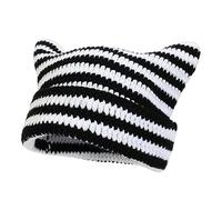 CHICTRY Cute Cat Ear Crochet Hat Striped Beanie Y2K Gothic Knitted Hat Beanie Grunge Accessory for Outdoor Travel Streetwear Black&White One Size