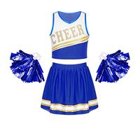 CHICTRY Girls 2 Piece Cheerleading Uniform Cheer Leader Cosplay Outfit Halloween Party Dance Musical Costume with Flower Balls Type a Blue 15-16 Years