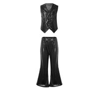 CHICTRY Girls Boys Sequin Vest Waistcoat Hip Hop Jazz Latin Street Dance Performance Jacket Shirt and Flared Pants Dancewear Black 11-12 Years