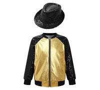 CHICTRY Girls Boys Sparkle Metallic Bomber Flight Jacket Hip Hop Jazz Modern Disco Dance Coat with Hat Set Performance Costume Gold&Black 7-8 Years