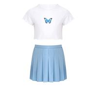 CHICTRY Girls Butterfly Print Short Sleeve T Shirt Top with Pleated A Line Skirt Set 2 Piece Outfit School wear Age 5-14 Years White 5-6 Years