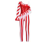 CHICTRY Girls' Candy Cane Striped Santa Christmas Fancy Dress One Shoulder Dance Carnival Jumpsuit Bodysuit Red 9-10 Years