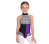 CHICTRY Girls Clown Costume Ballet Dance Leotard Magic Land Costume Clown Checkboard Halter Ballet Leotard Top Purple 13-14 Years