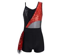CHICTRY Girls Dance Leotard Sequins Mesh Splice Ruffle Hem Gymnastics Figure Ice Skating Romper Competition Costume Dancewear Red 7-8 Years