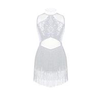 CHICTRY Girls Mesh Splice Rhinestone Sleeveless Tassel Dress Kids Samba Jazz Tap Modern Latin Salsa Tango Ballroom Dancewear White 8 Years