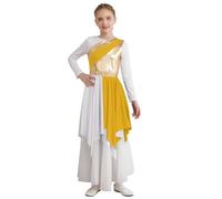 CHICTRY Girls Metallic Long Sleeve Liturgical Lyrical Praise Dance Dress Tunic Skirt Church Robe Worship Outfits Dancewear Yellow 9-10 Years