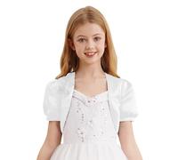 CHICTRY Girls Satin Long Sleeve Flower Bolero Shrug Short Cardigan Wedding Bridesmaid Dress Cover Up Jacket Top A1 White 13-14 Years