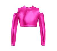 CHICTRY Girls Shiny Metallic Crop Top Kids Long Sleeve Tank Top Dance Leotard for Latin Jazz Hip-hop Dance Performance Hot Pink 10 Years