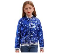 CHICTRY Girls Sparkle Bomber Flight Jacket Hip Hop Jazz Modern Dance Coat Sequins Performance Tops Outwear Royal Blue 5-6 Years