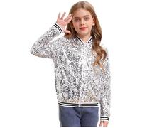 CHICTRY Girls Sparkle Bomber Flight Jacket Hip Hop Jazz Modern Dance Coat Sequins Performance Tops Outwear Silver 9-10 Years