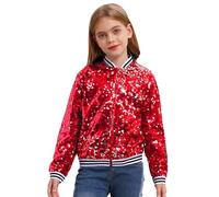 CHICTRY Girls Sparkle Bomber Flight Jacket Hip Hop Jazz Modern Dance Coat Sequins Performance Tops Outwear Red A 13-14 Years