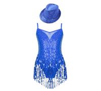 CHICTRY Girl's Tango Latin Dance Dress Sequin Tassel Dress Modern Jazz Tap Ballroom Samba Rumba Dance Dress with Hat Set Royal Blue 8 Years
