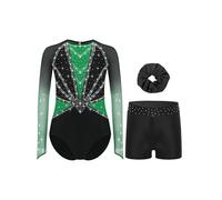 CHICTRY Gymnastics Leotards for Girls Long Sleeve Sparkle Leotards Shiny Athletic Ballet Dance Bodysuit with Shorts Headband Green 11-12 Years